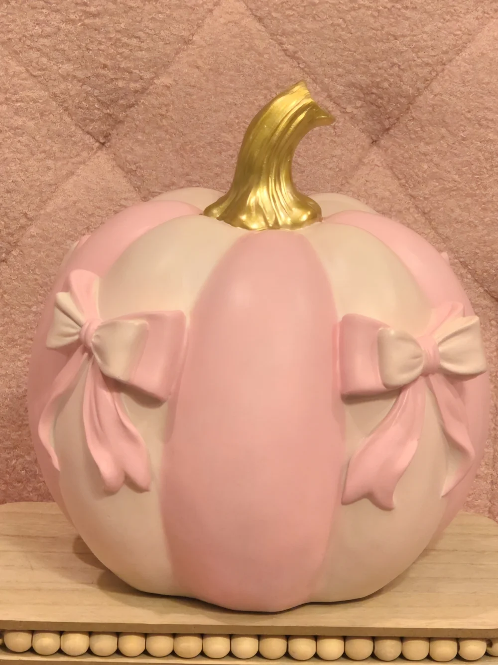 Coquette Pink and Cream Pumpkin w/Bow Accents & Gold Stem -Pink-Halloween Decor
